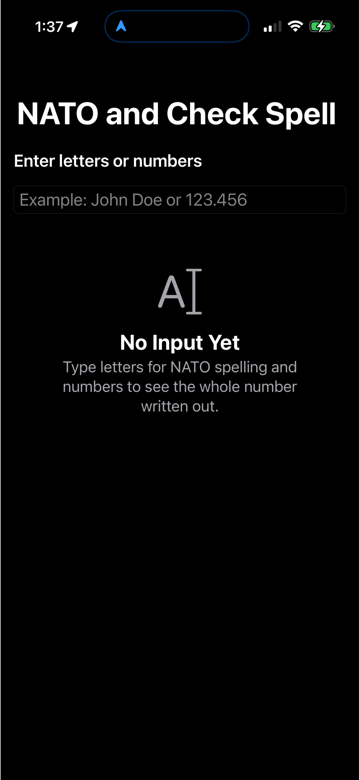 Main empty state screen of NATO Spell on iPhone.