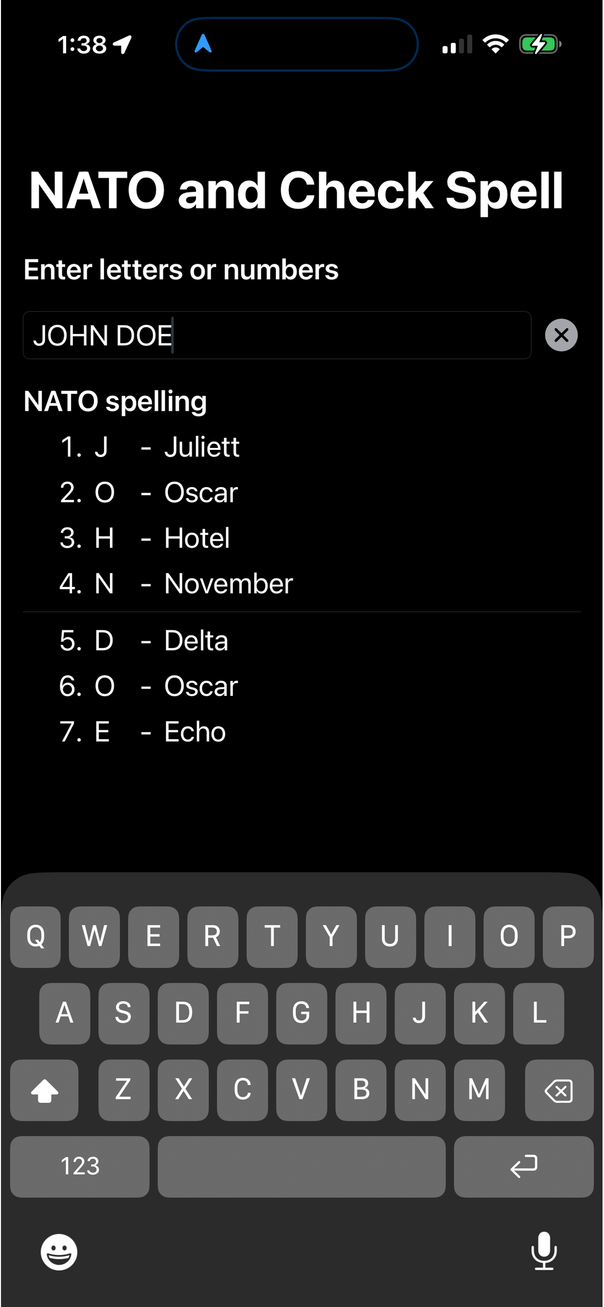 NATO spelling results for the name John Doe in NATO Spell.