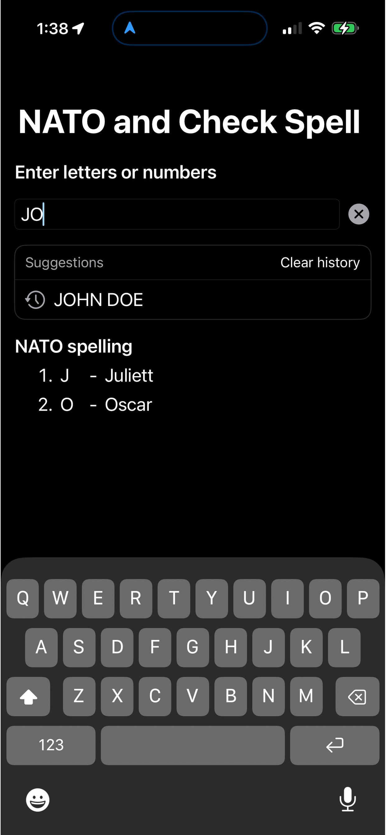 Suggestions and history shown while typing in NATO Spell.