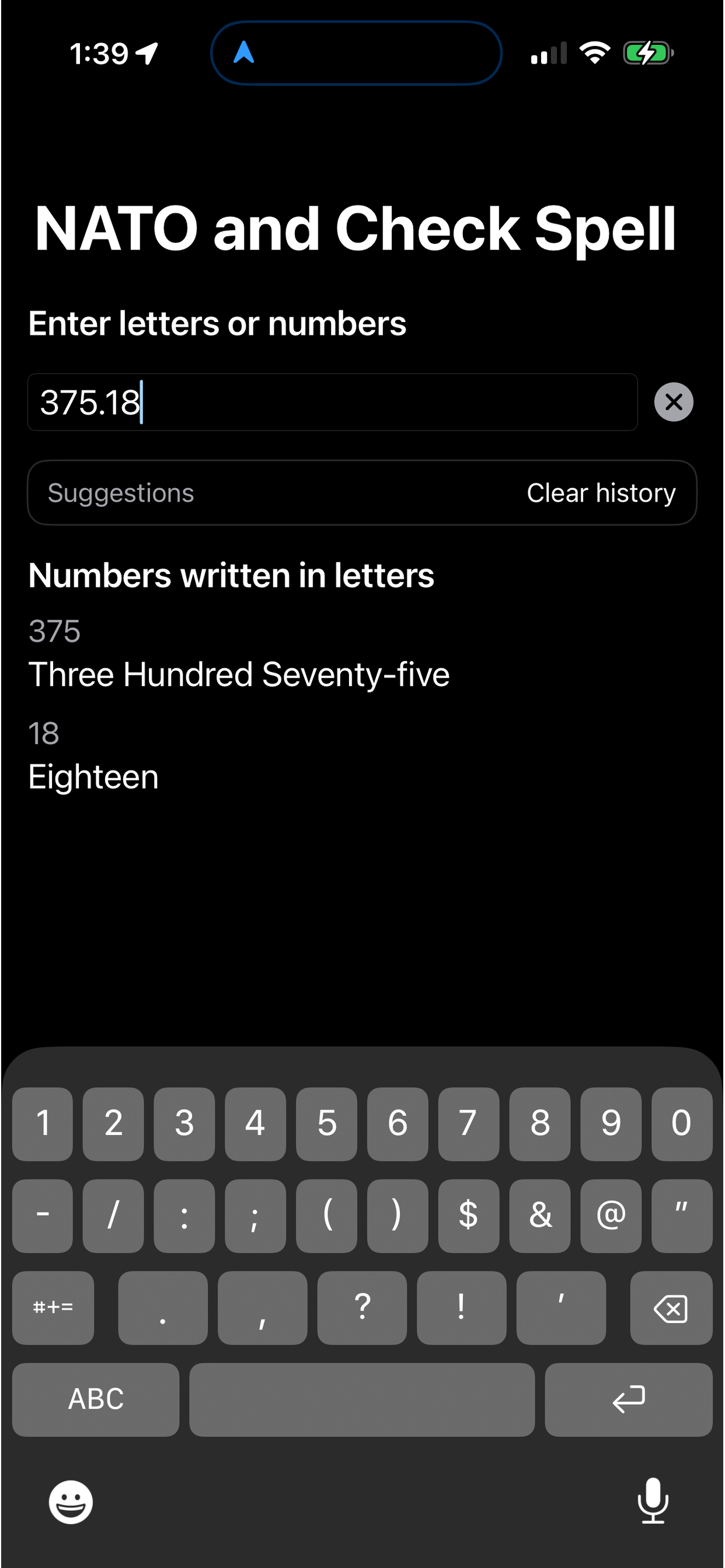 Numbers written in letters in NATO Spell for decimal-style numeric input.